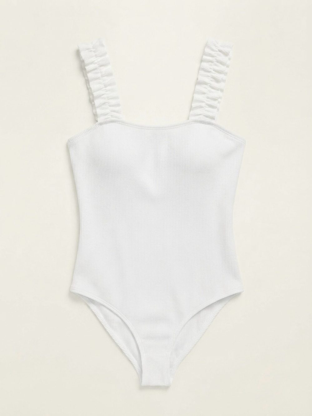 NWOT White Ribbed Ruffle-Strap One-Piece Bodysuit